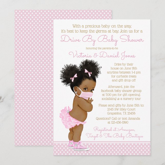 Afro håbaba flicka med maskindrivna baby shower inbjudningar (Fram/baksida)