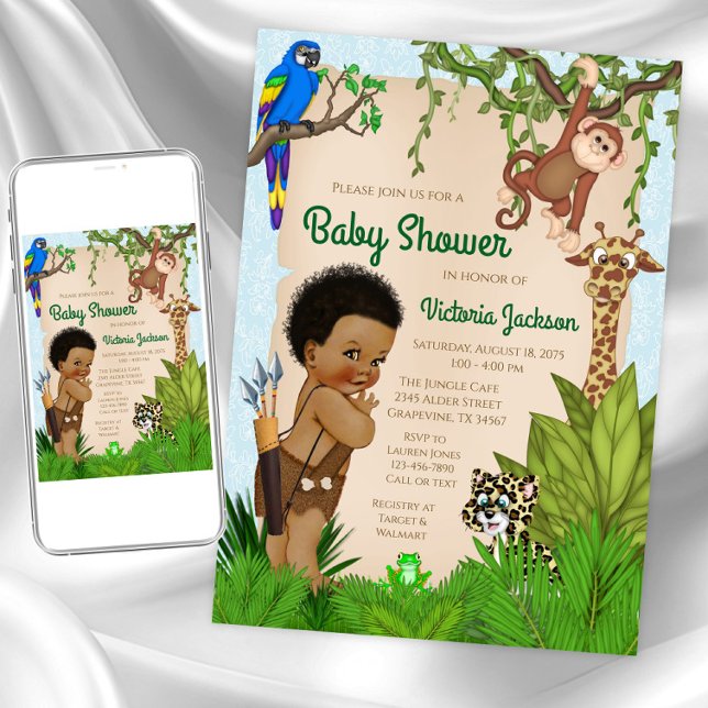 Afro Hair Boy Safari Baby Shower-inbjudan Inbjudningar (Boy safari baby shower invitation. Instant download and printed invitations available.)