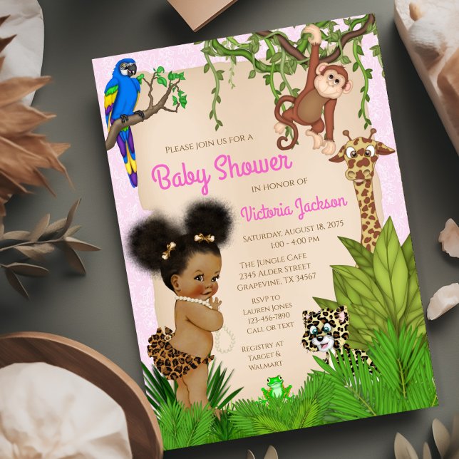 Afro Hair Flicka Safari Baby Shower Inbjudningar (Adorable safari baby shower invitation. You can change all of the text as needed for your event.)