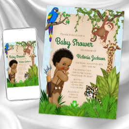 Afro-hår pojke safari baby shower inbjudan