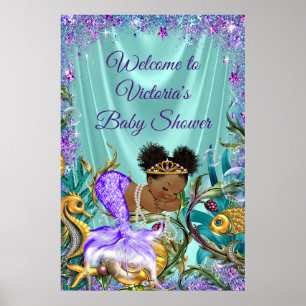 Afro Havsfrus Babyshower Välkomstskylt Poster