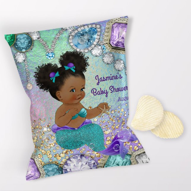 Afro Jewel Sjöjungfru Baby Shower Chip Bag Wrapper Reklamblad (1 ounce snack bag wrapper flyer. )