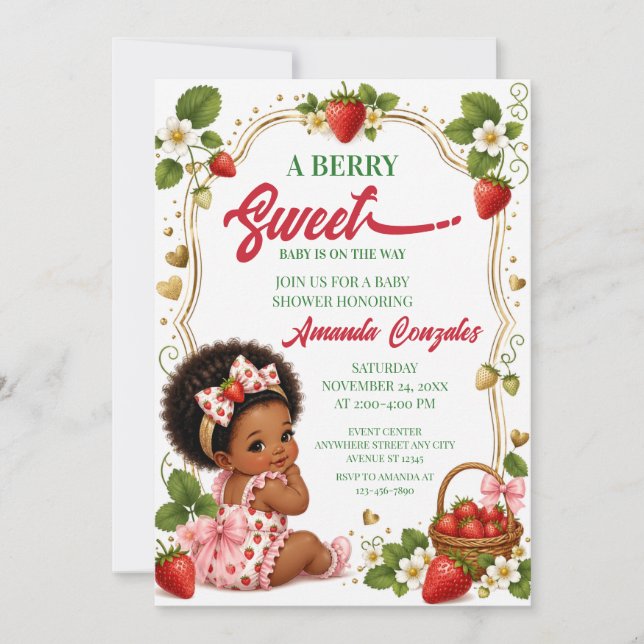 Afro Jordgubbs Baby Shower Inbjudan, Bärigt Sött Inbjudningar (Framsida)