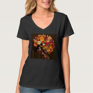 Afro Kvinna Blommig Svart Drottning Puff Melanin M T Shirt