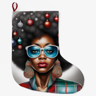 Afro kvinnlig elegant och bisarr helgdag stor julstrumpa
