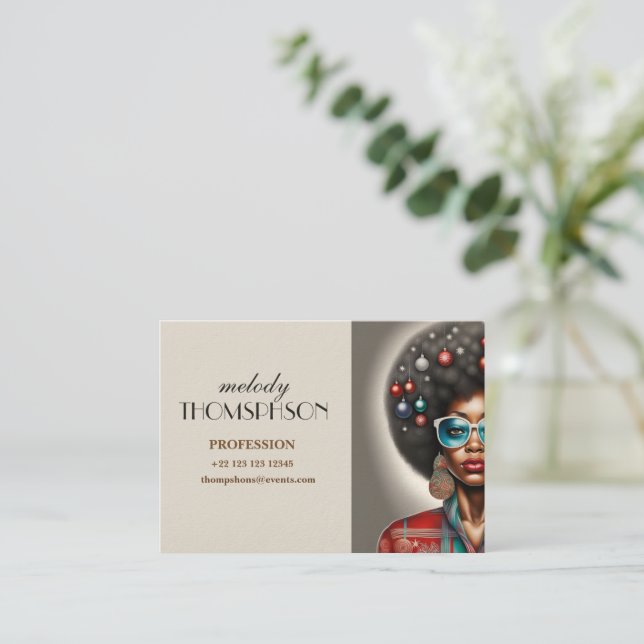 Afro kvinnlig elegant och bisarr helgdag visitkort (Stående Fram)