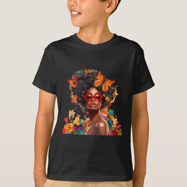 Afro Kvinnor Blommor Fjäril Latina Afrikansk Ameri T Shirt (Framsida)