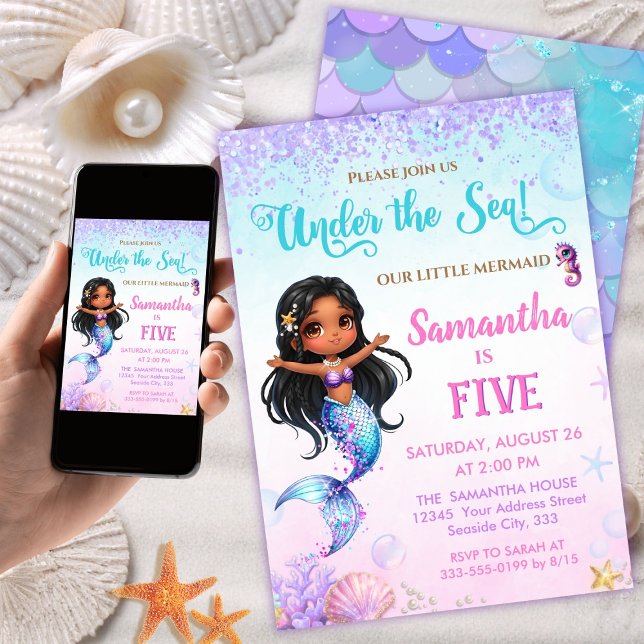 Afro mermaid Birthday Party - Under the Sea Splish Inbjudningar (Skapare uppladdad)