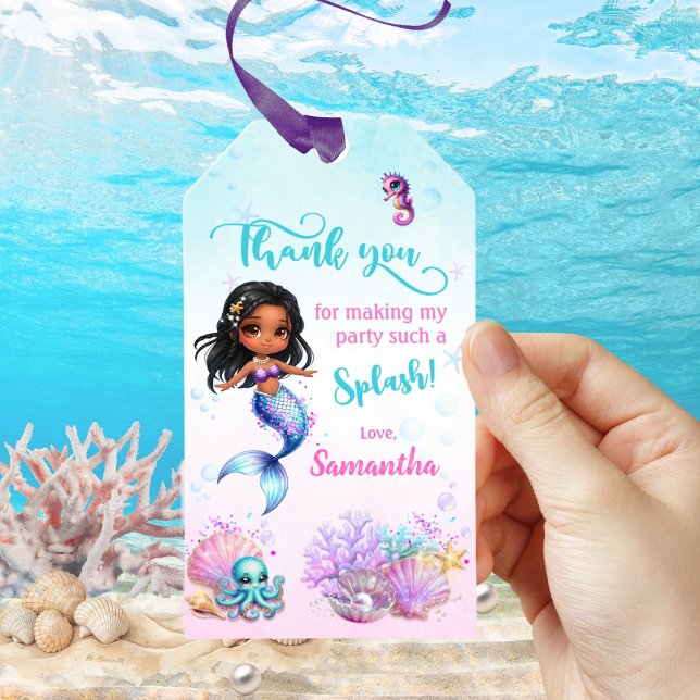 Afro mermaid Birthday Party - Under the Sea Splish Presentetikett (Skapare uppladdad)