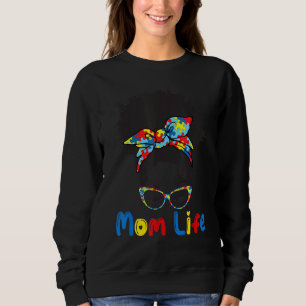 Afro Messy Bun Hair Mamma Life med Autism Puzzle S T Shirt