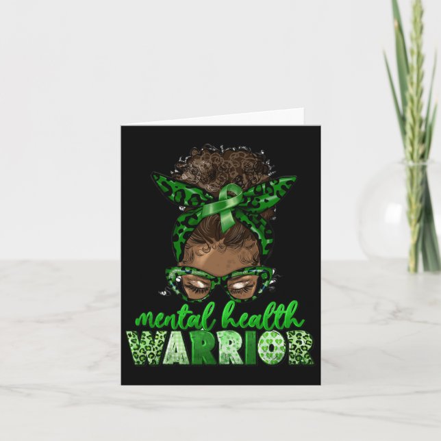 Afro Messy Bun Leopard Grönt Ribbon Mental Health Kort (Framsida)