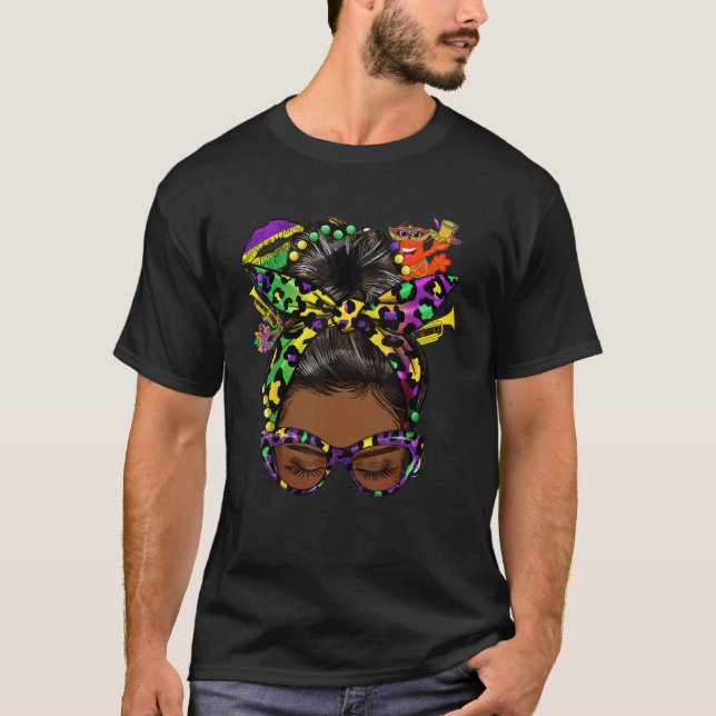 Afro Messy Bun Lycklig Mardi Gras Black Women Carn T Shirt (Framsida)