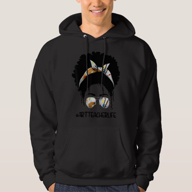 Afro Messy Bun Teacher Life First Day of School Hoodie (Framsida)