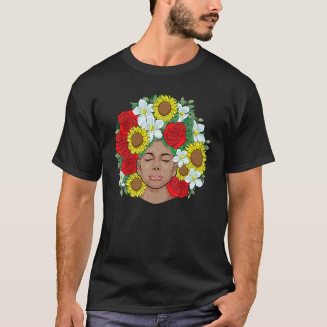 Afro Natural Black Hair Kind Pride Melanin Flowers T Shirt (Framsida)