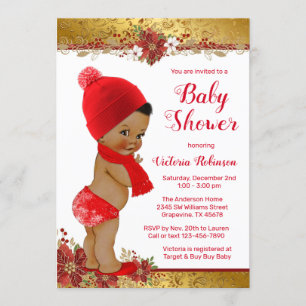 Afro Pojke Röd Guld Jul Baby Shower Inbjudningar