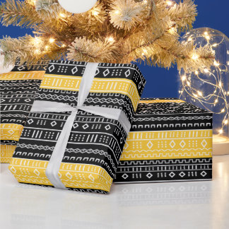 Afro Pop Modern Mud Cloth Svart, Vitt & Guld Presentpapper