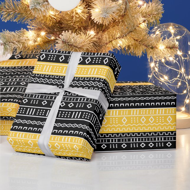 Afro Pop Modern Mud Cloth Svart, Vitt & Guld Presentpapper (Helgdagar)