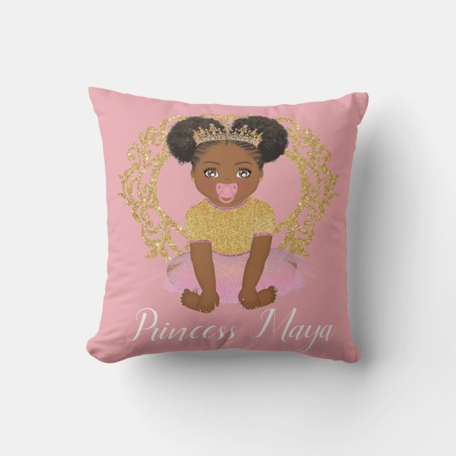 Afro Princess-flicka med tutu och guld krona Throw Kudde (Framsida)