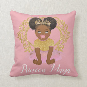 Afro Princess-flicka med tutu och guld krona Throw Kudde