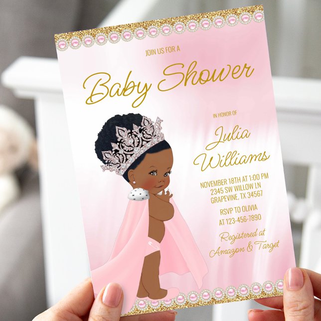 Afro prinsessa rosa guld baby shower  inbjudningar (Skapare uppladdad)