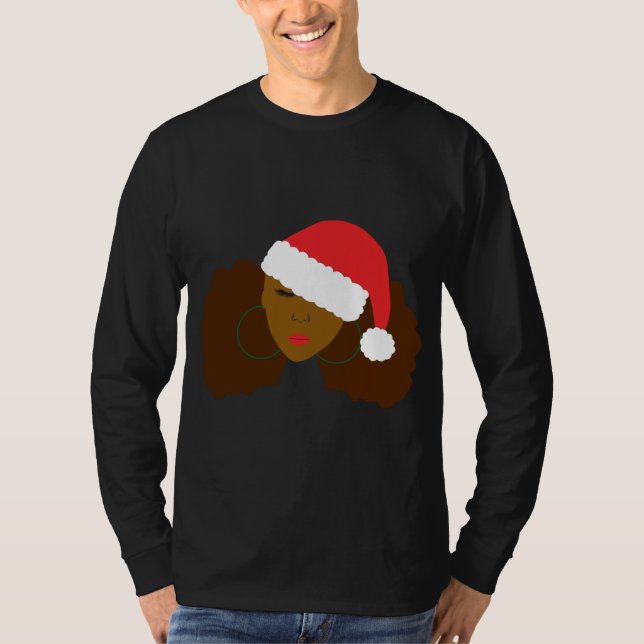 Afro Puff Black Woman Santa Hat Natural Hair Chris T Shirt (Framsida)