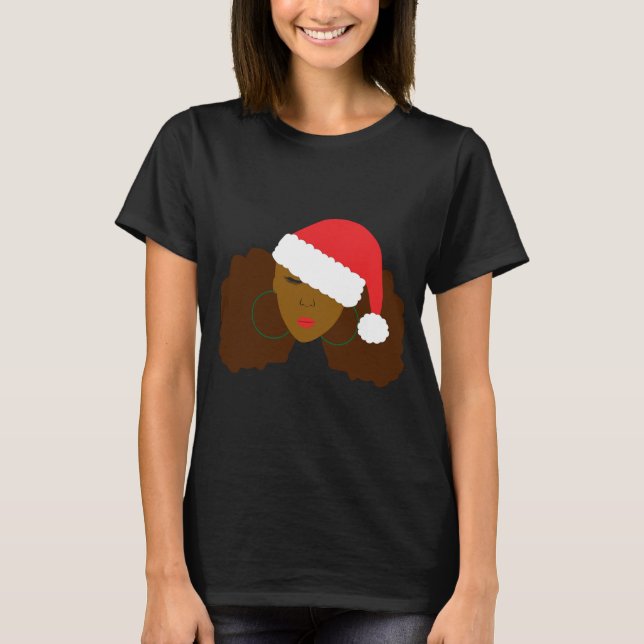 Afro Puff Black Woman Santa Hat Natural Hair Chris T Shirt (Framsida)