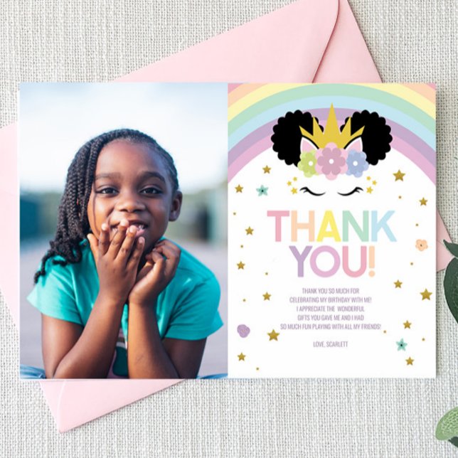 Afro Puff Enhörning och Regnbåge Födelsedagsfest Tack Kort (Skapare uppladdad)