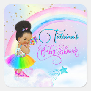 Afro Puff Flicka Pastel Rainbow Baby Shower Fyrkantigt Klistermärke