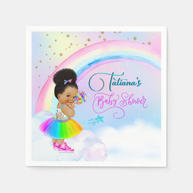 Afro Puff Flicka Pastel Rainbow Baby Shower Pappersservett (Framsidan)