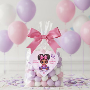 Afro Puff Flicka Rosa/Lila Butterfly Birthday Hjärtformat Klistermärke