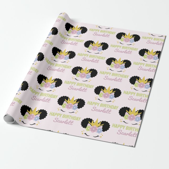 Afro Puff Unicorn African American Födelsedagsfest Presentpapper (Utrullad)