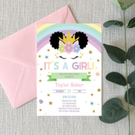 Afro Puff Unicorn och Rainbows Baby Shower Inbjudningar