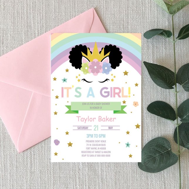 Afro Puff Unicorn och Rainbows Baby Shower Inbjudningar (Skapare uppladdad)