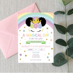 Afro Puff Unicorn och Rainbows Birthday Call Inbjudningar