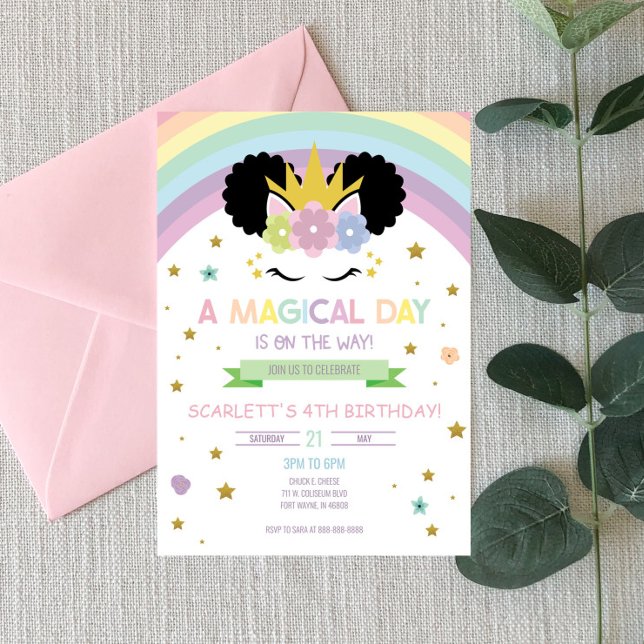 Afro Puff Unicorn och Rainbows Birthday Call Inbjudningar (Skapare uppladdad)