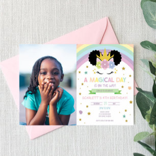Afro Puff Unicorn och Rainbows Födelsedagsfest Inbjudningar
