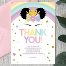Afro Puff Unicorn och Rainbows Födelsedagsfest Tack Kort