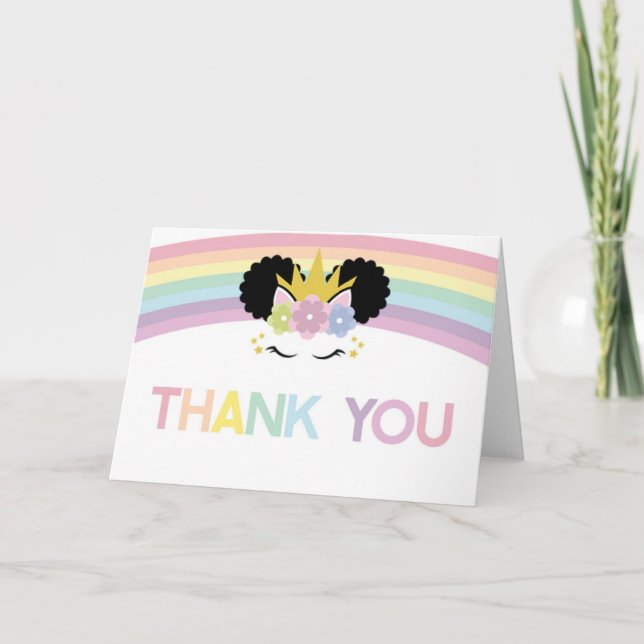Afro Puff Unicorn och Rainbows Guld Glitter Stars Tack Kort (Framsida)