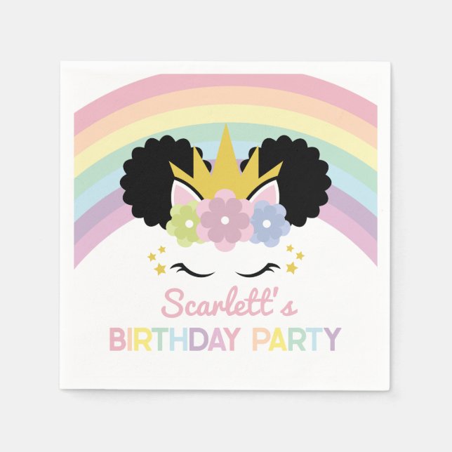 Afro Puff Unicorn Rainbows Födelsedagsfest Pappersservett (Framsidan)