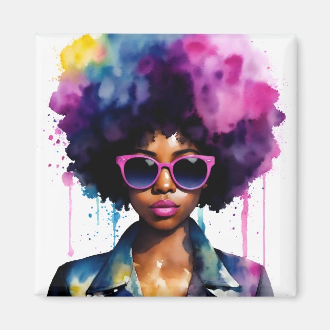 Afro Rainbow Hair Black Woman Sunglasses Magnet (Framsidan)