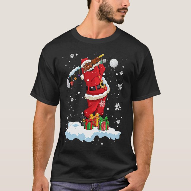 Afro Santa Playing Golf Xmas Black Afro Golf Playe T Shirt (Framsida)