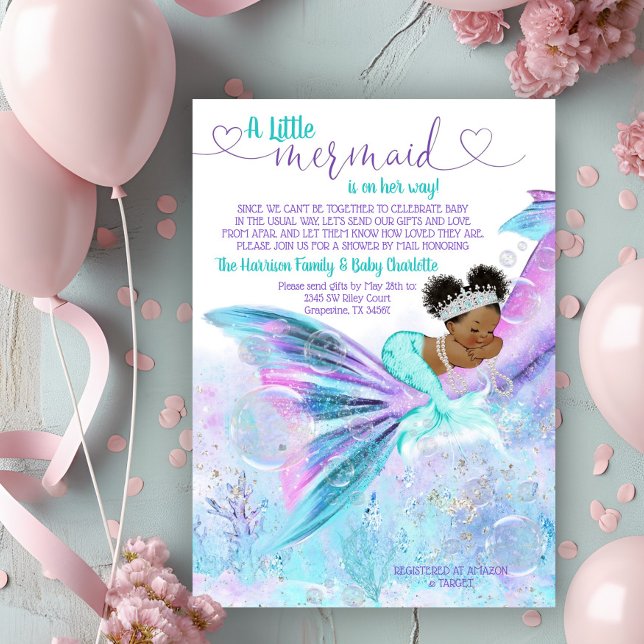 Afro Siren Bebis Kalas Inbjudningar (Adorable mermaid long distance mail baby shower invitation. )