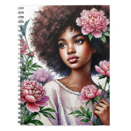 Afro Tjej Med Peonies Vattenfärgshäfte Anteckningsbok