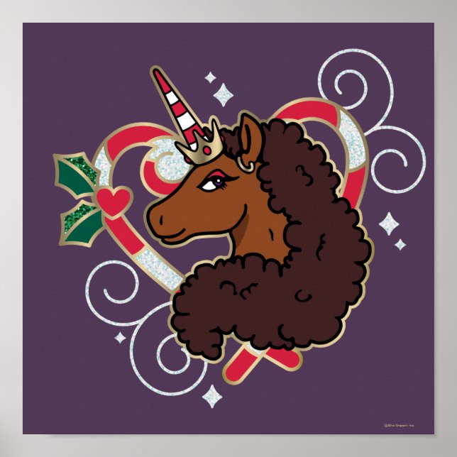 Afro Unicorn Candy cane Heart Helgdag Poster (Framsidan)