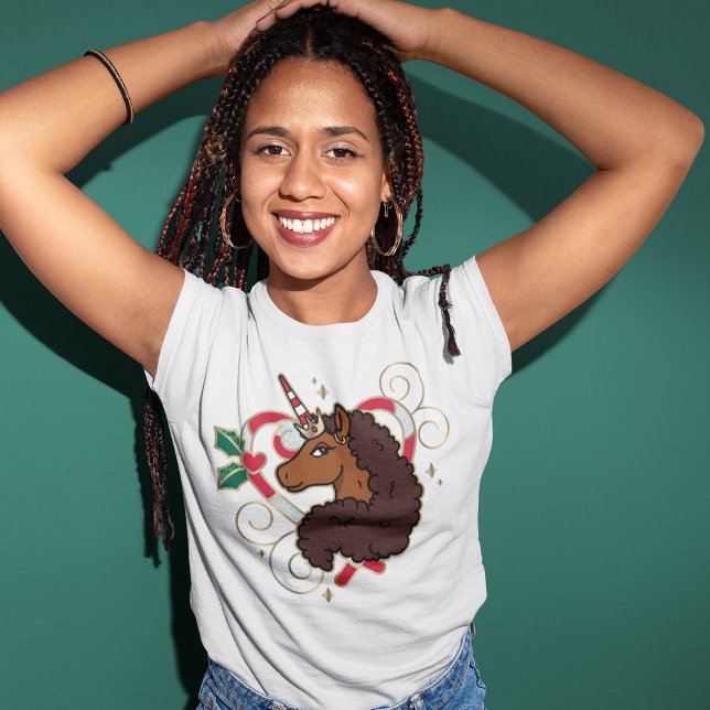 Afro Unicorn Candy cane Heart Helgdag T Shirt (Skapare uppladdad)