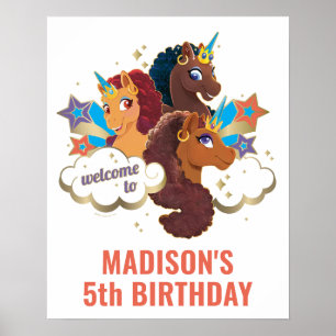 Afro Unicorn Girl's Birthday Welcome Sign Poster