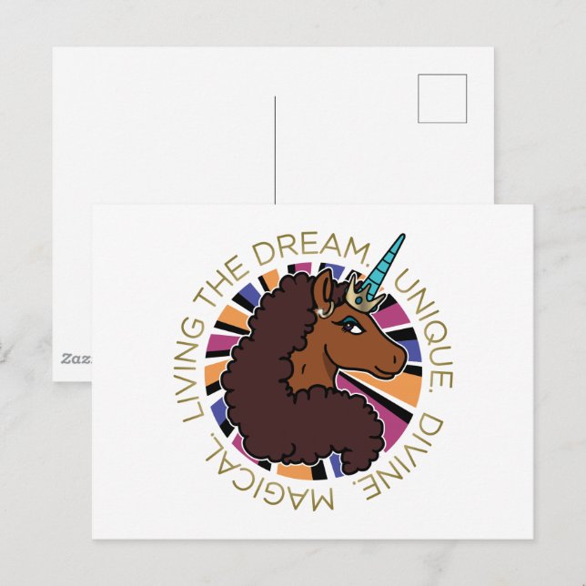 Afro Unicorn Living of Dream Design Vykort (Fram/baksida)