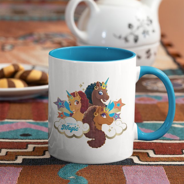 Afro Unicorn "Made of Magic" Trio Design Mugg (Mug on table)