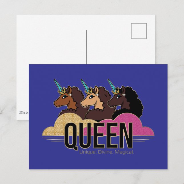 Afro Unicorn Queen Trio Design Vykort (Fram/baksida)