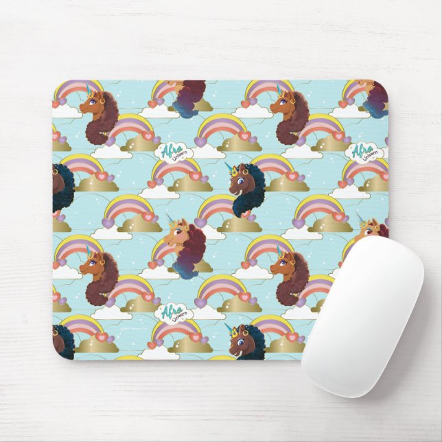 Afro Unicorn Rainbow och Hearts Mönster Musmatta (Med mus)